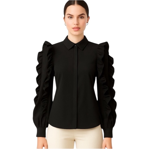 Tops - Dramatic Black Zip Ruffle Sleeve Top